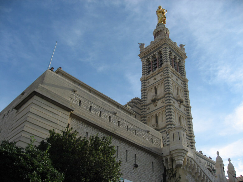 A closer view of the Notre-Dame de la Garde Basilica tower