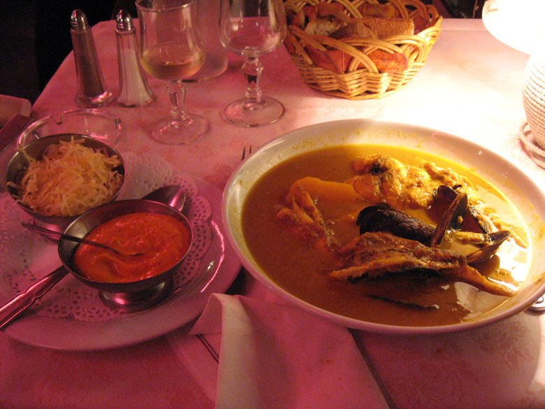Bouillabaisse for main course in old port restaurant of Marseilles