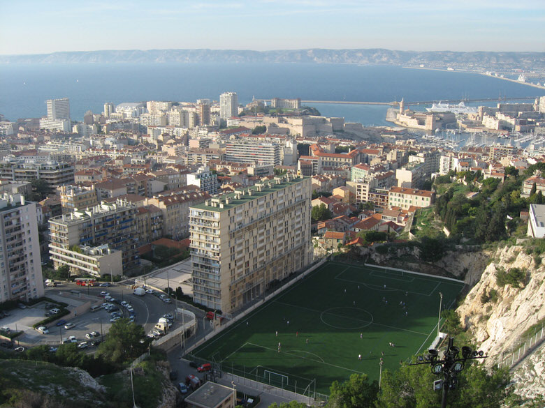 A soccer field next to the Mediterranean sea in Marseille
